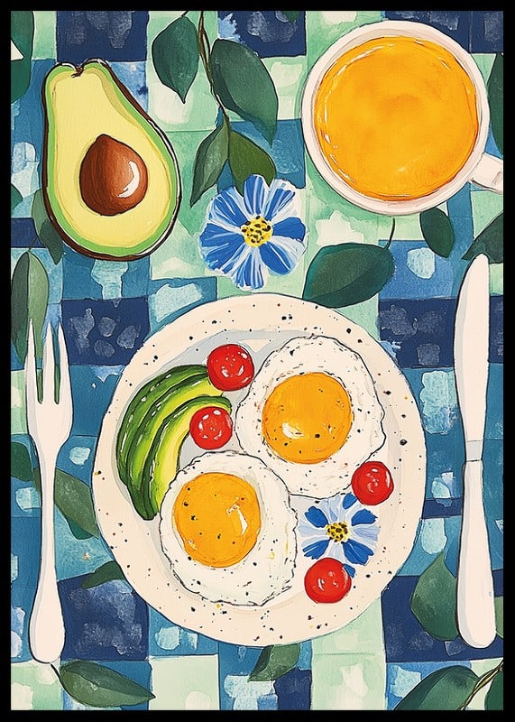 Een poster met een uitnodigend ontbijt met eieren, avocado en sinaasappelsap-12