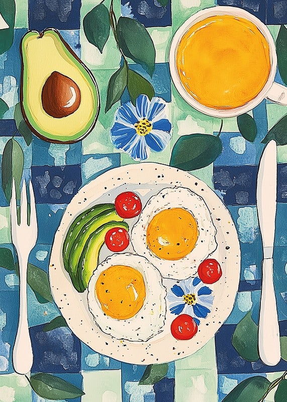 Een poster met een uitnodigend ontbijt met eieren, avocado en sinaasappelsap-12
