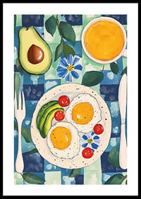 Een poster met een uitnodigend ontbijt met eieren, avocado en sinaasappelsap-0