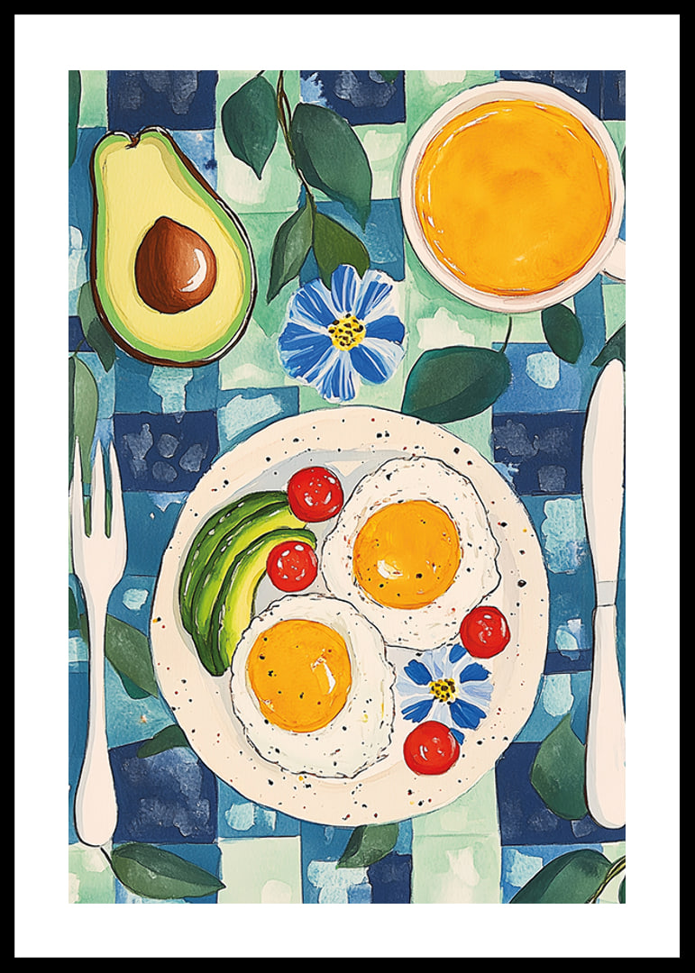 Een poster met een uitnodigend ontbijt met eieren, avocado en sinaasappelsap-12