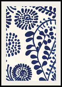En poster med abstrakta, djupblå blommönster mot en ljus bakgrund-2