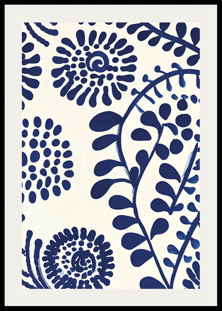 A poster with abstract, deep blue floral patterns against a light background-12