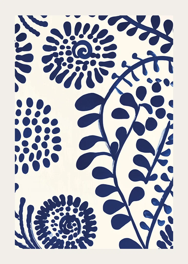 A poster with abstract, deep blue floral patterns against a light background-12