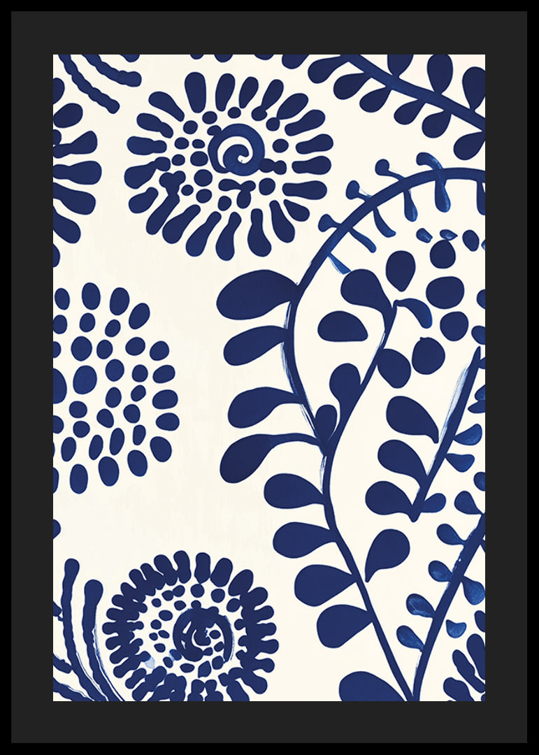 En poster med abstrakta, djupblå blommönster mot en ljus bakgrund-12