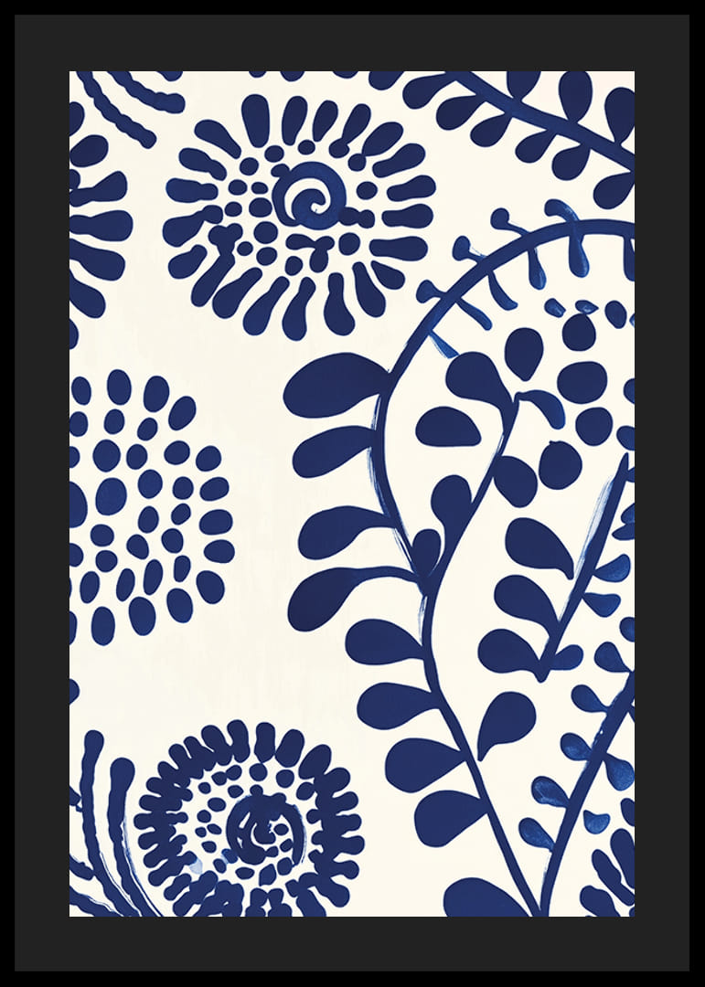 Plagát s abstraktnými, tmavomodrými kvetinovými vzormi na svetlom pozadí-12