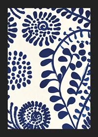 A poster with abstract, deep blue floral patterns against a light background-5