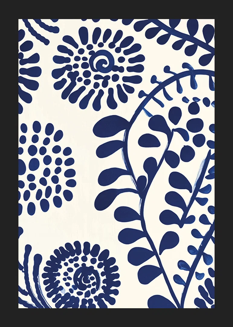 A poster with abstract, deep blue floral patterns against a light background-12