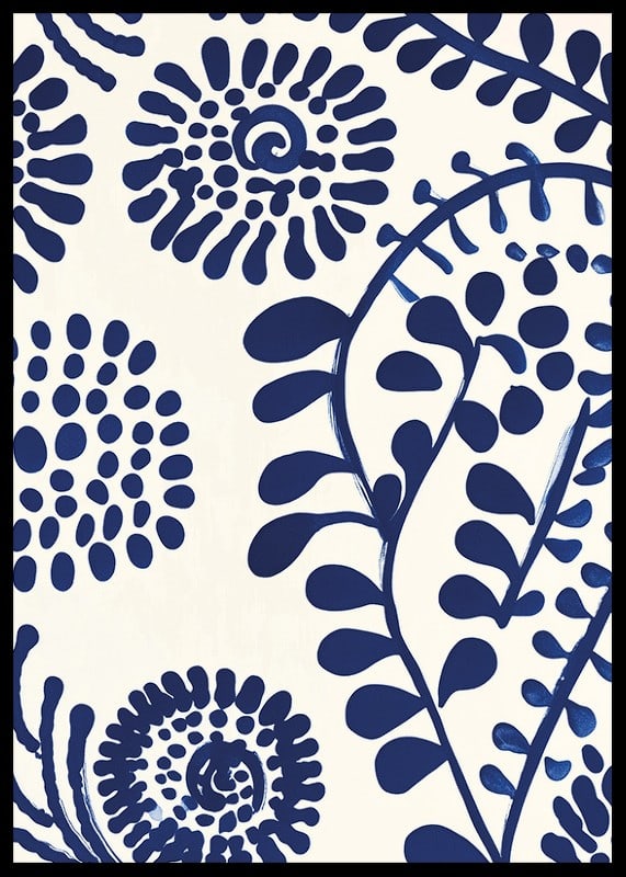 En poster med abstrakta, djupblå blommönster mot en ljus bakgrund-12