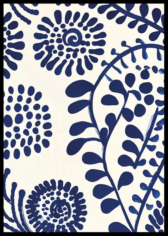 A poster with abstract, deep blue floral patterns against a light background-12