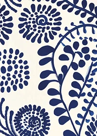 A poster with abstract, deep blue floral patterns against a light background-7