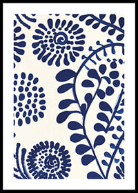 En poster med abstrakta, djupblå blommönster mot en ljus bakgrund-0