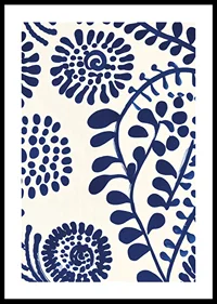 A poster with abstract, deep blue floral patterns against a light background-0