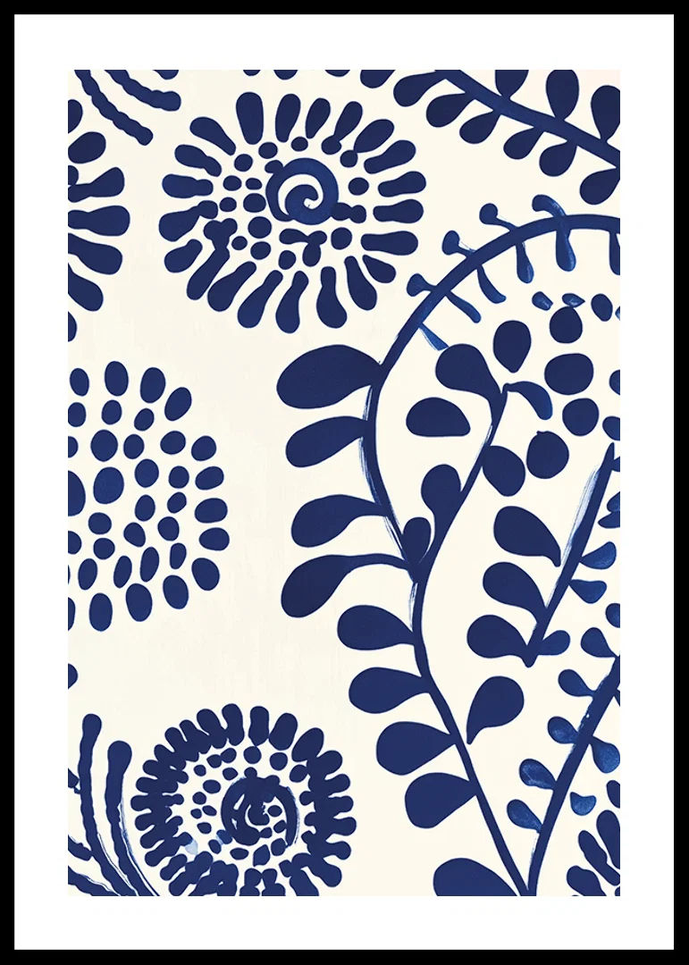 A poster with abstract, deep blue floral patterns against a light background-12