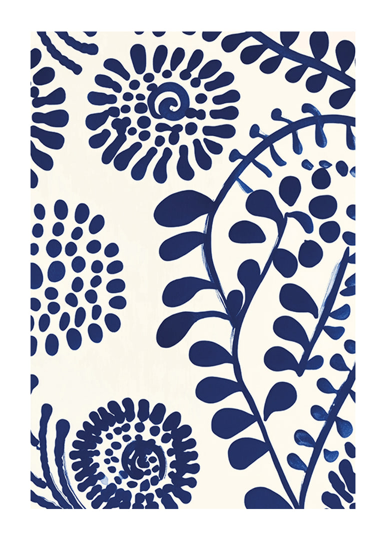 En poster med abstrakta, djupblå blommönster mot en ljus bakgrund-12