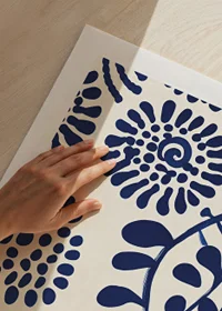 A poster with abstract, deep blue floral patterns against a light background-9