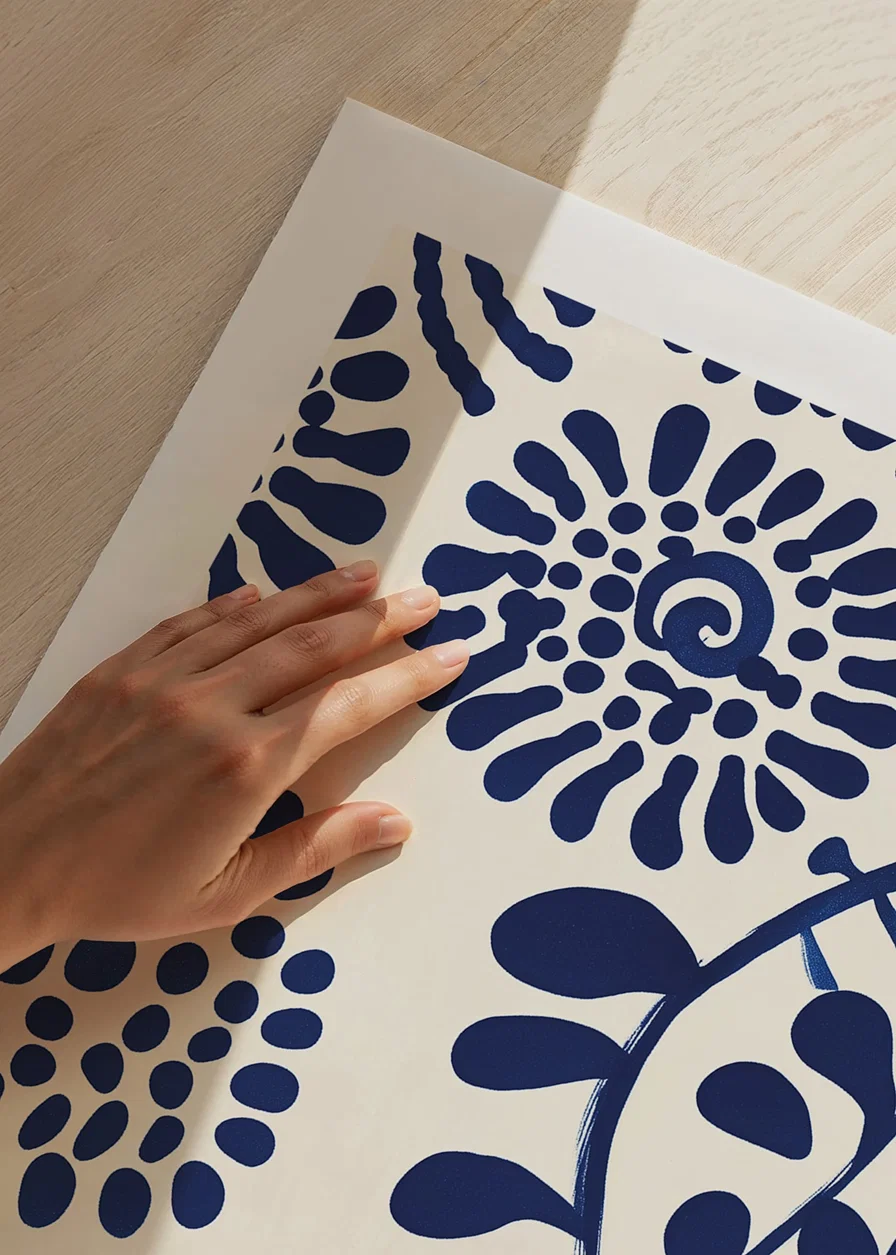 A poster with abstract, deep blue floral patterns against a light background-12