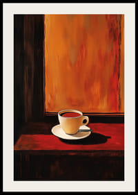 En poster som skildrar en kopp kaffe i varmt, gyllene ljus mot en mörk bakgrund-2