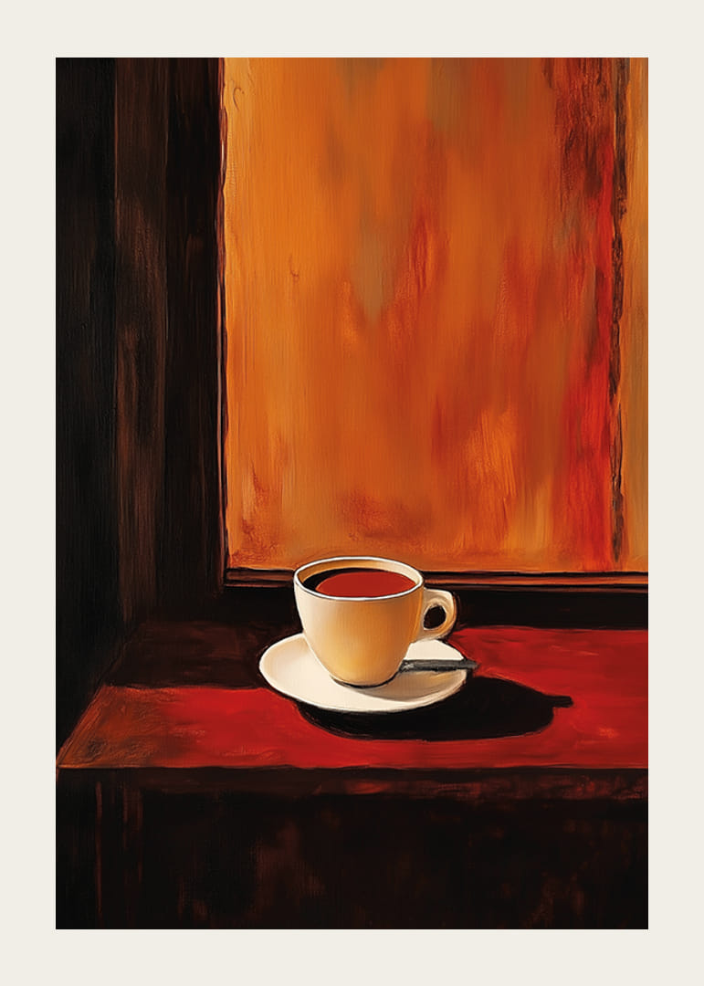 En poster som skildrar en kopp kaffe i varmt, gyllene ljus mot en mörk bakgrund-12