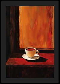 En poster som skildrar en kopp kaffe i varmt, gyllene ljus mot en mörk bakgrund-4
