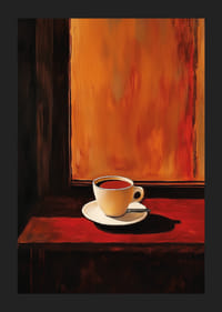 En poster som skildrar en kopp kaffe i varmt, gyllene ljus mot en mörk bakgrund-5