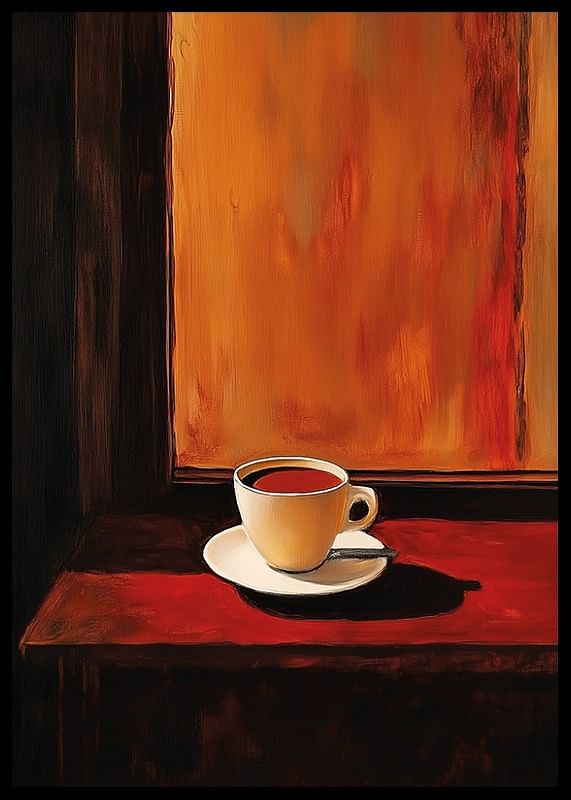 Un afiș care înfățișează o ceașcă de cafea într-o lumină caldă, aurie, pe un fundal întunecat-12