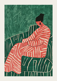 A poster depicting a relaxed figure in a patterned dress against a green-striped armchair-3