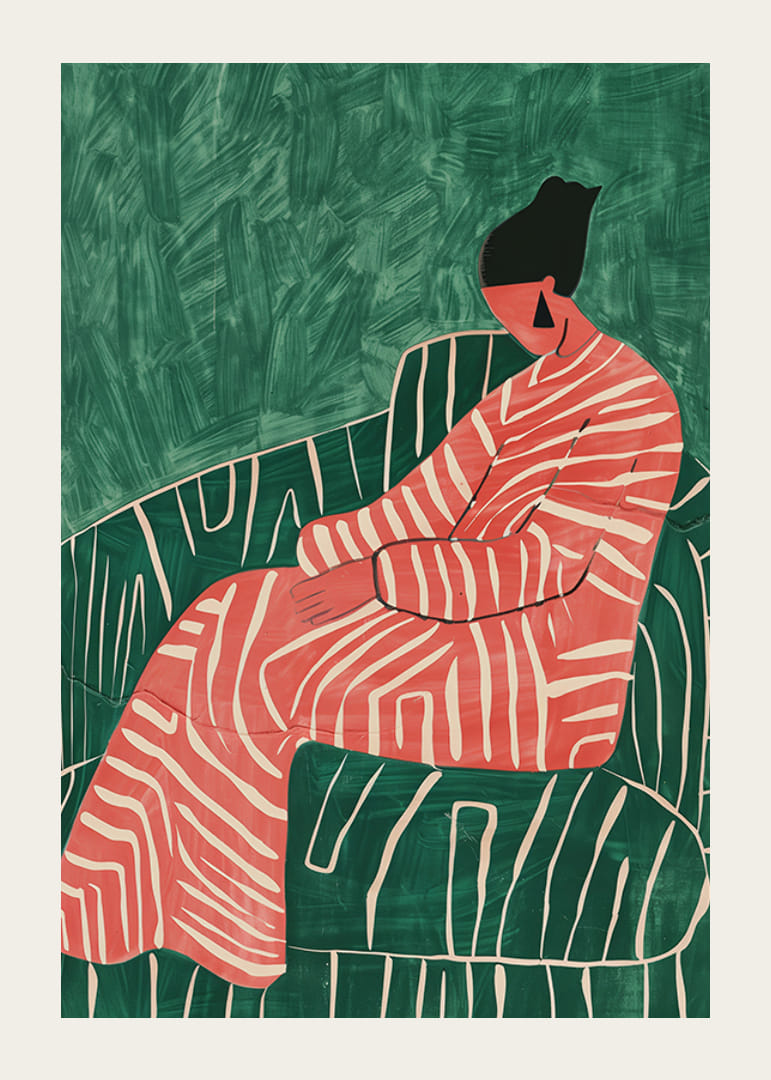 Plakatas, vaizduojantis atsipalaidavusią figūrą raštuota suknele prie žaliai dryžuoto fotelio-12