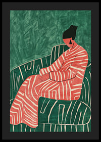 A poster depicting a relaxed figure in a patterned dress against a green-striped armchair-4