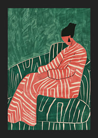 A poster depicting a relaxed figure in a patterned dress against a green-striped armchair-5