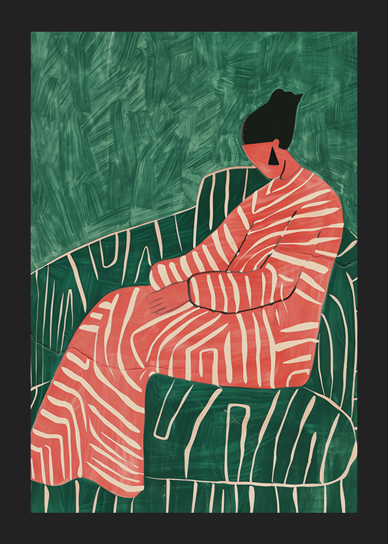 A poster depicting a relaxed figure in a patterned dress against a green-striped armchair-12