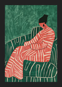 Plakatas, vaizduojantis atsipalaidavusią figūrą raštuota suknele prie žaliai dryžuoto fotelio-5