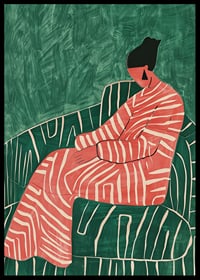 A poster depicting a relaxed figure in a patterned dress against a green-striped armchair-6