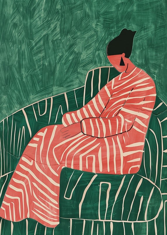 A poster depicting a relaxed figure in a patterned dress against a green-striped armchair-12