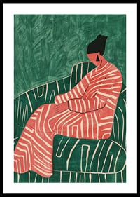 A poster depicting a relaxed figure in a patterned dress against a green-striped armchair-0
