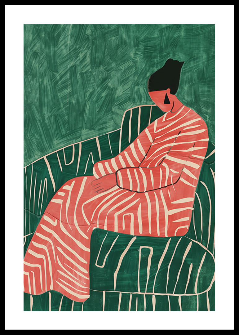 A poster depicting a relaxed figure in a patterned dress against a green-striped armchair-12