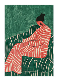 A poster depicting a relaxed figure in a patterned dress against a green-striped armchair-1
