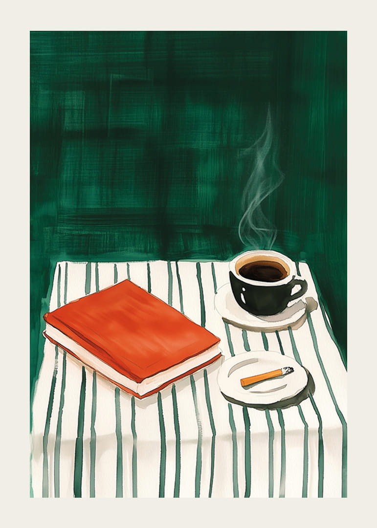 En poster som skildrar en lugn stund med kaffe, en bok och en cigarett på ett randigt bord-12