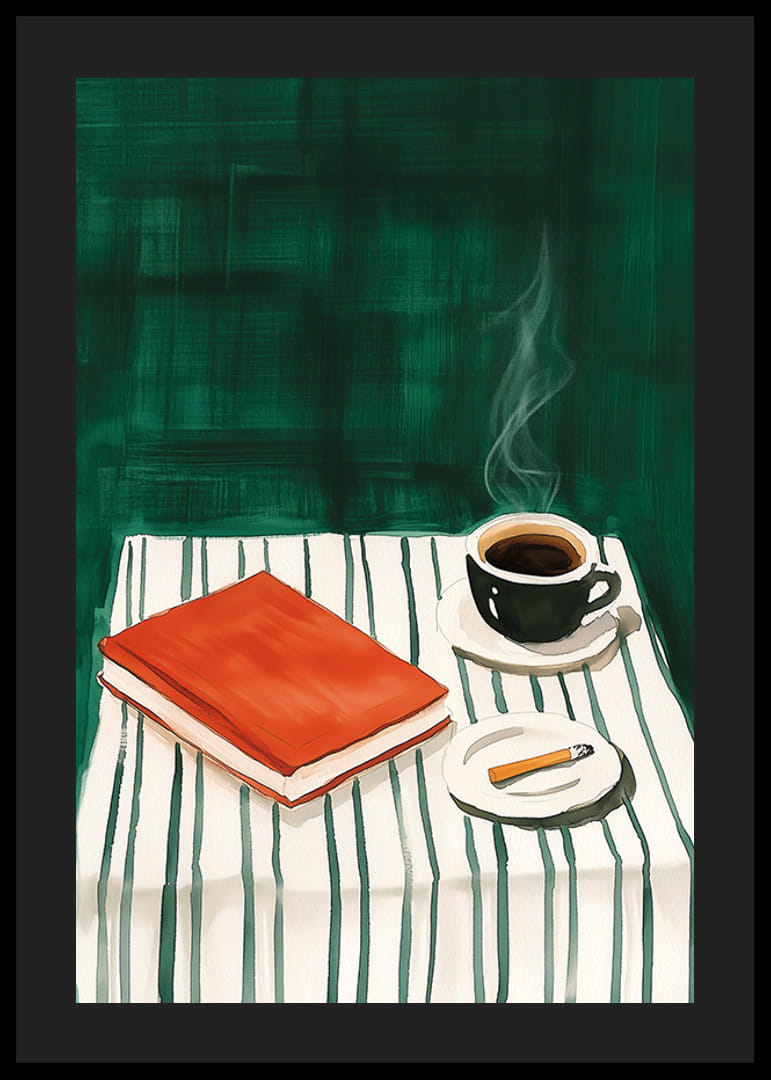 En poster som skildrar en lugn stund med kaffe, en bok och en cigarett på ett randigt bord-12
