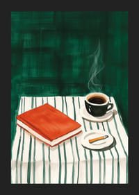 En poster som skildrar en lugn stund med kaffe, en bok och en cigarett på ett randigt bord-5