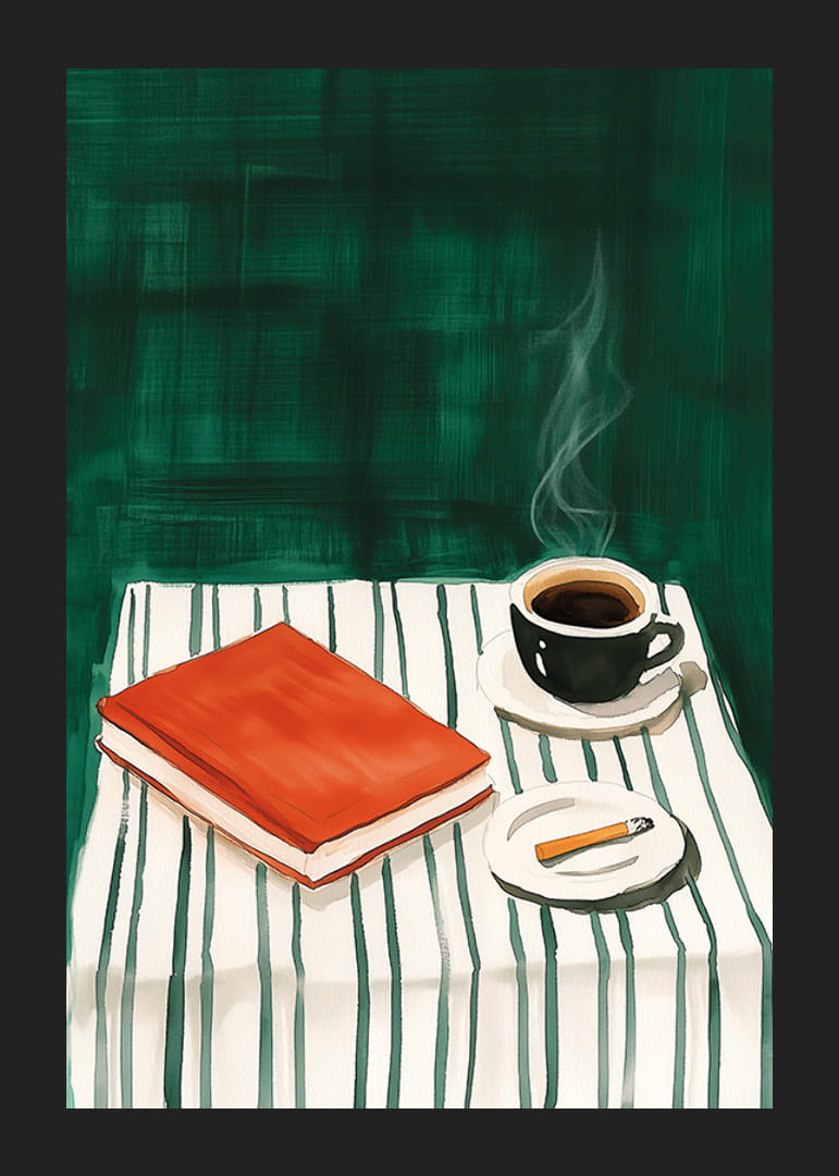 En poster som skildrar en lugn stund med kaffe, en bok och en cigarett på ett randigt bord-12