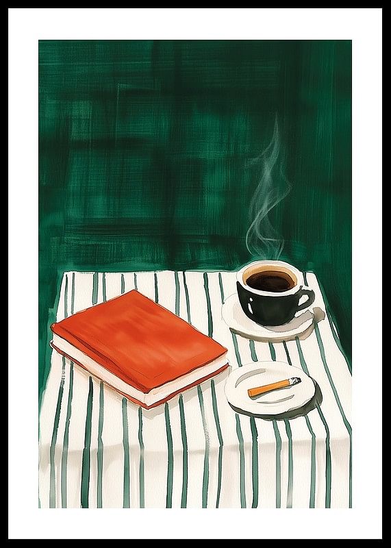 Un afiș înfățișând un moment de liniște cu cafea, o carte și o țigară pe o masă în dungi-12