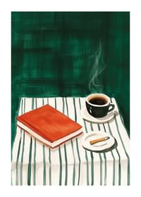 Un afiș înfățișând un moment de liniște cu cafea, o carte și o țigară pe o masă în dungi-1
