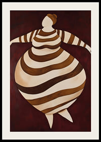 An abstract poster with a striped figure in motion against a dark red background-2