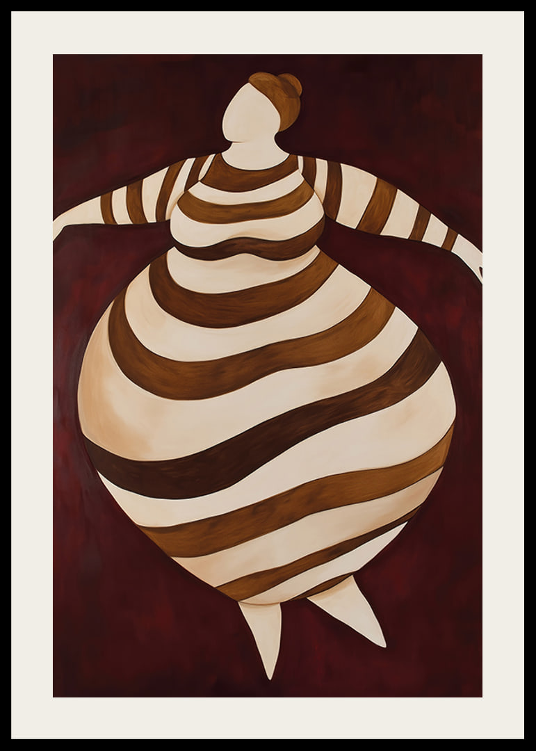 An abstract poster with a striped figure in motion against a dark red background-12