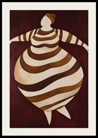 Abstraktný plagát s pruhovanou postavou v pohybe na tmavočervenom pozadí-2