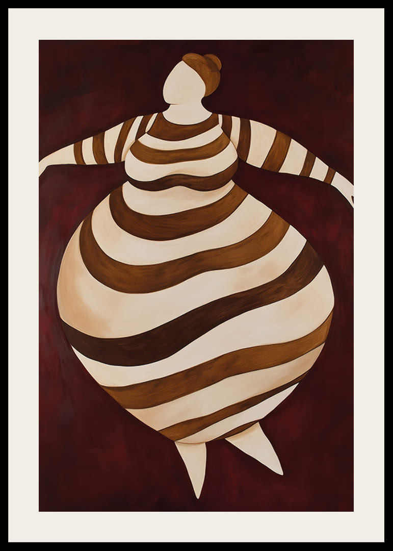 Abstraktný plagát s pruhovanou postavou v pohybe na tmavočervenom pozadí-12