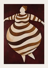 En abstrakt poster med en randig figur i rörelse mot en mörkröd bakgrund-3