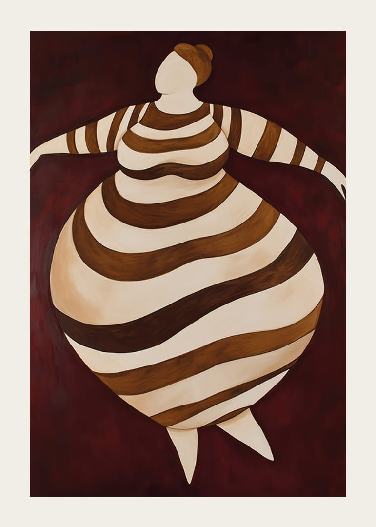 Abstraktný plagát s pruhovanou postavou v pohybe na tmavočervenom pozadí-12