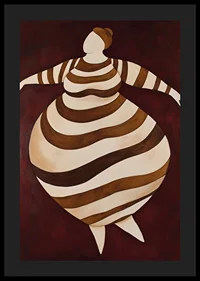 En abstrakt poster med en randig figur i rörelse mot en mörkröd bakgrund-4