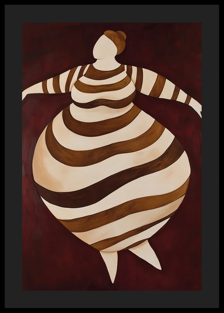 En abstrakt poster med en randig figur i rörelse mot en mörkröd bakgrund-12